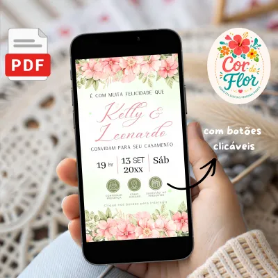 Convite Digital Interativo Casamento em Aquarela Tema Romantico Floral Rosas