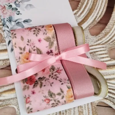 Kit 3 fitas coordenadas gorgurão floral, liso e voil tons de rosa - 1 metro de cada