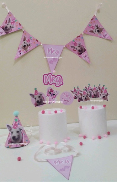 Kit Bandeirola, Topper e Chapeuzinho Aniversário Cachorro