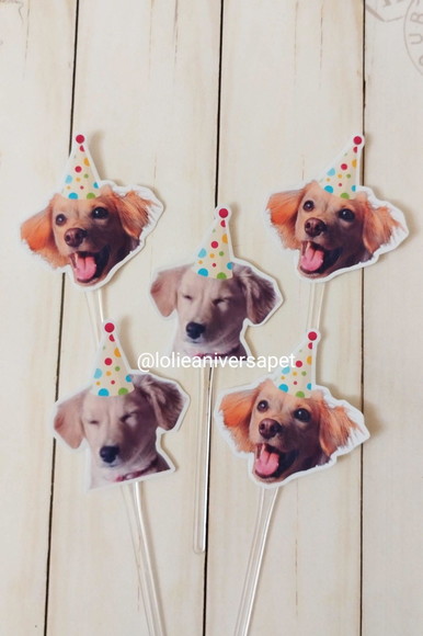 Topper para Docinhos Cachorro com Foto e Chapéu Bolinha 20un