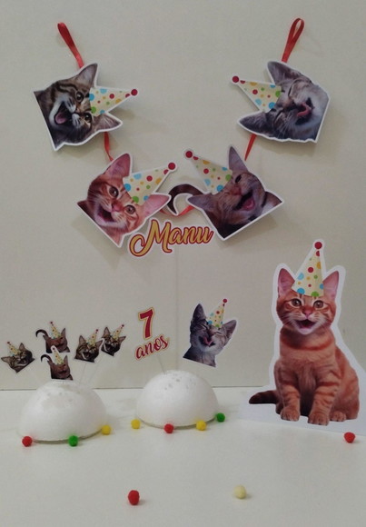Kit Bandeirola com Foto, Topper e Display com Foto Gato