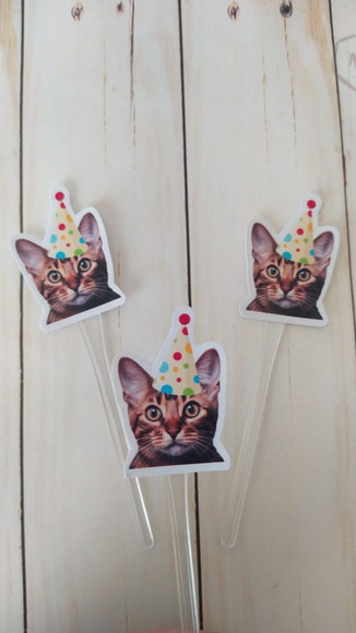Topper para Docinhos Aniversário Gato com Foto e Chapéu 20un
