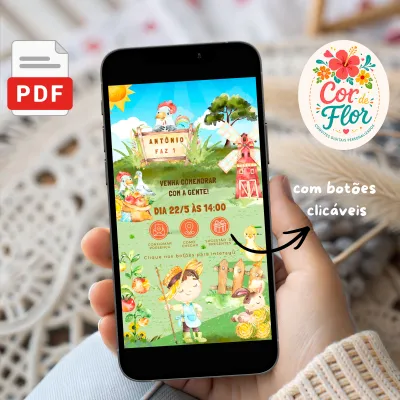 Convite Digital Interativo Aniversário Tema Fazendinha Menino Animais Fazenda