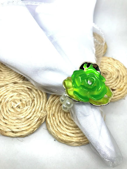 Anel para Guardanapo Mesa Posta com Perolas Abs e Flor Verde