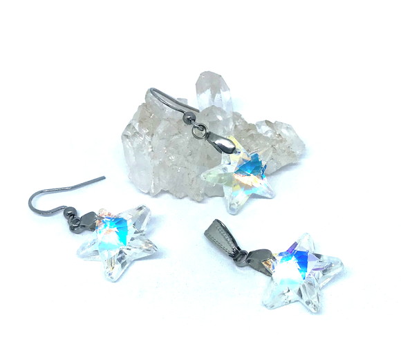 Brinco e Pingente Estrela de Cristal Ab e Aço Inoxidável