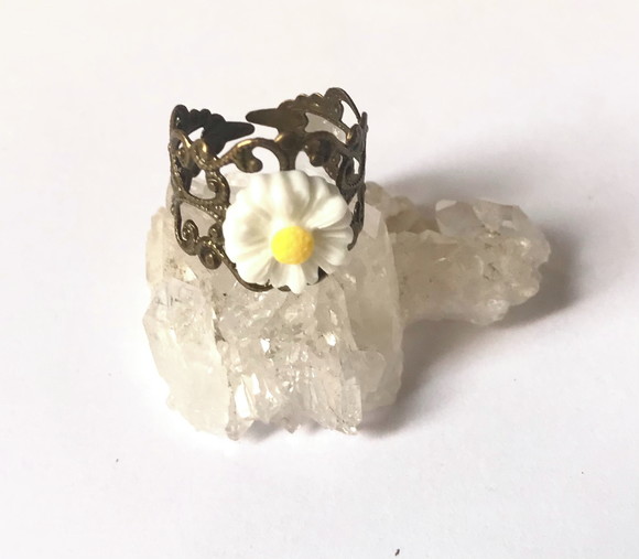Anel Ajustável Ouro Velho com Flor