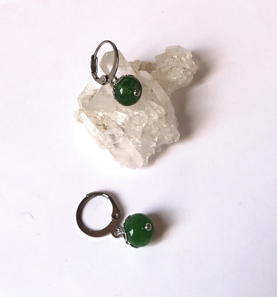 Brinco Gancho Argolinha Aço Inox com Jade Verde