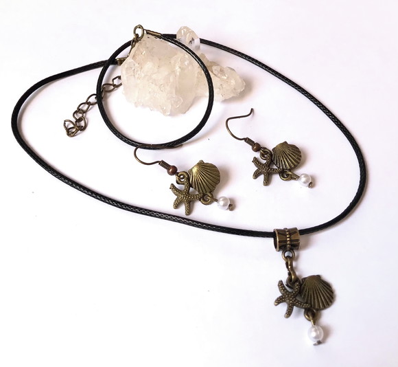 Conjunto Brinco e Pingente Ouro Velho com Concha e Estrrela