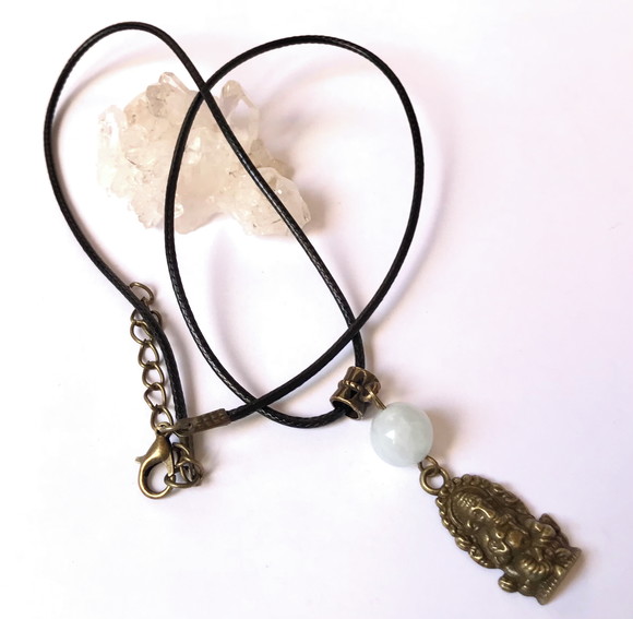 Cordão Colar com Agua Marinha e Ganesha Ouro Velho