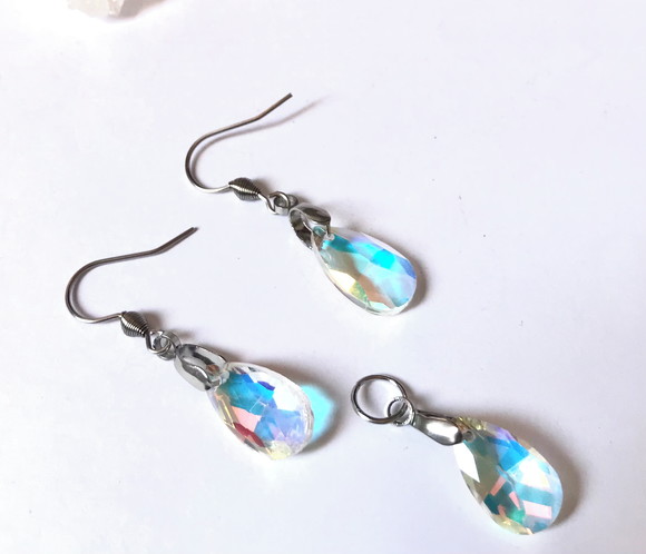 Conjunto Brinco e Pingente Aço Inoxidavel e Gota Cristal - Imagem 2
