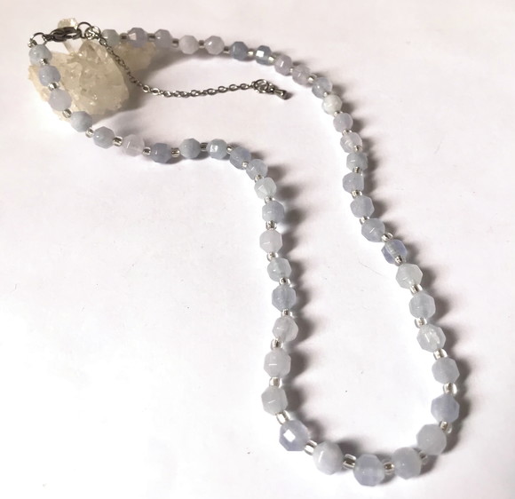 Choker Colar Agua Marinha Facetadas e Inox