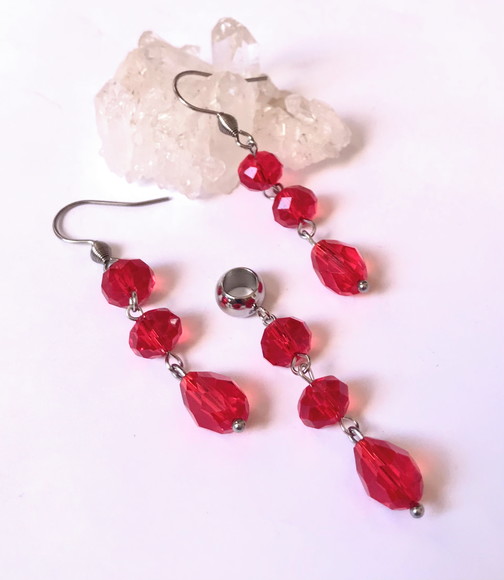 Conjunto Brinco e Pingente Cristal Vermelho e Aço Inox
