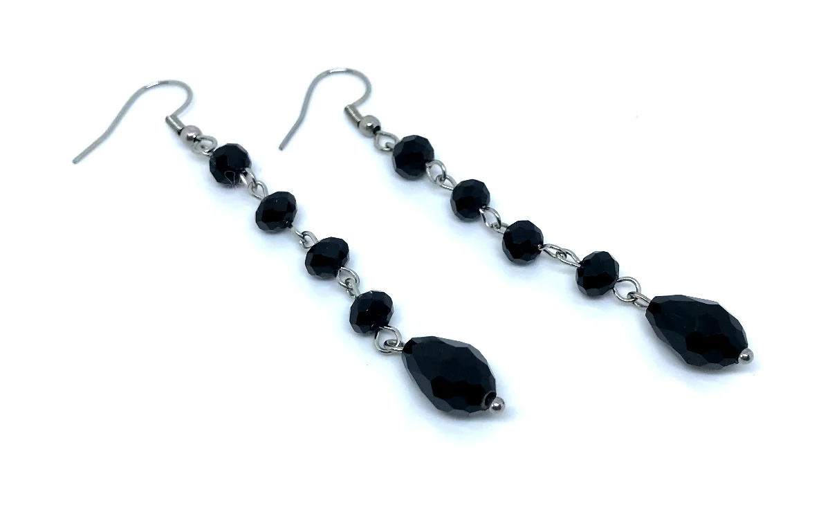 Brinco longo Cristal Negro Facetado e Gota e Acabamento em Inox - Imagem 3
