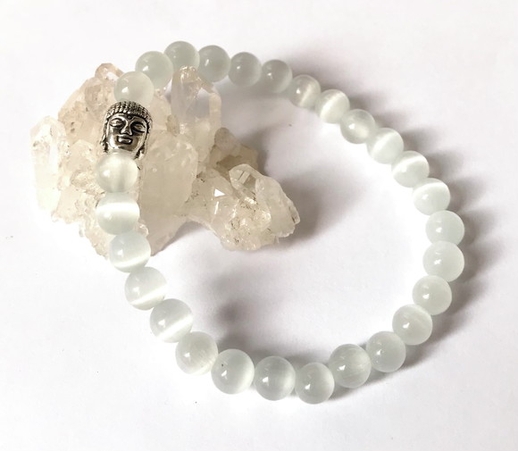 Pulseira Japamala 27 Contas Olho Gato Branco e Meru Buda