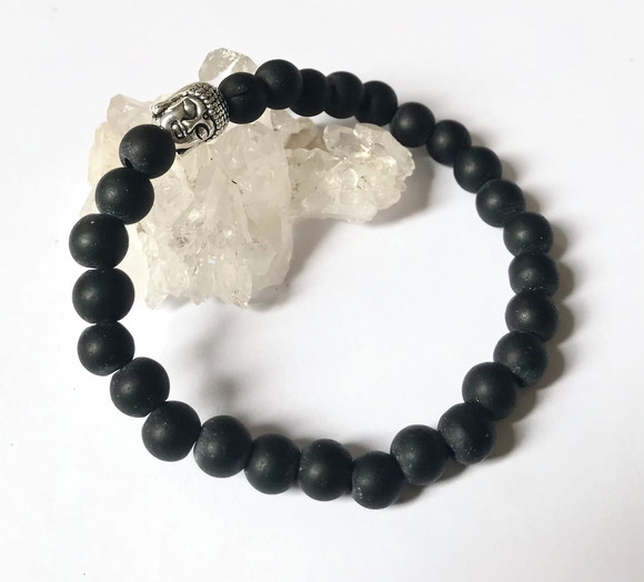 Pulseira Japamala 27 Contas Agata Negra Fosca e Meru Buda