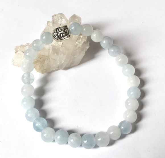 Pulseira Japamala Agua Marinha Clara 27 Contas e Buda