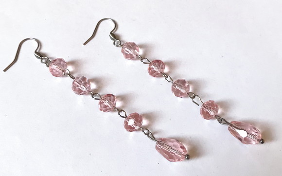 Brinco Cristal Rosa Facetado e Gota e Acabamento em Inox