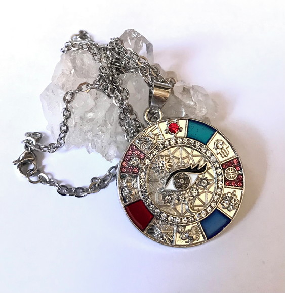 Corrente Inox com Olho Grego Simbolos Misticos e Strass