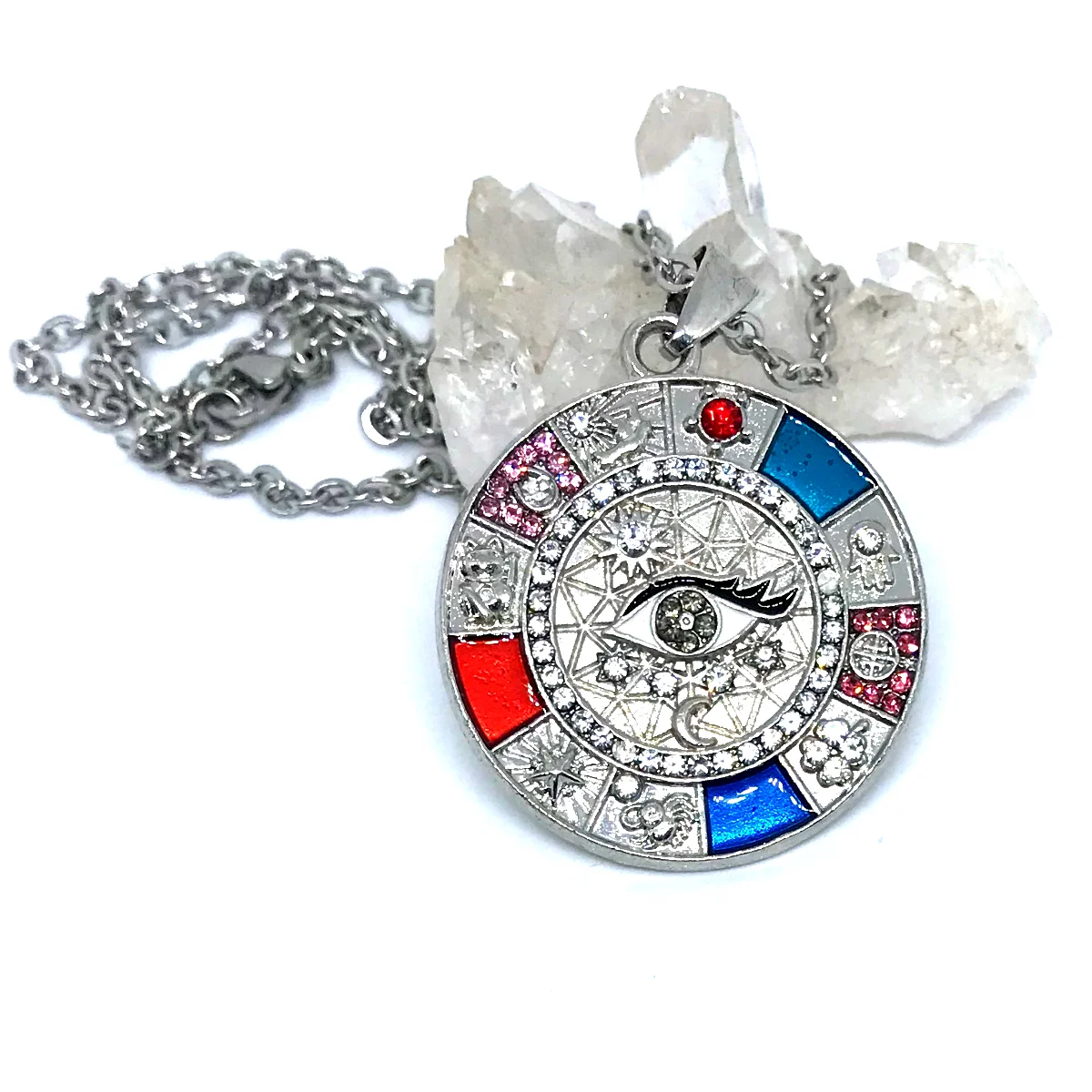 Corrente Inox com Olho Grego Simbolos Misticos e Strass - Imagem 4