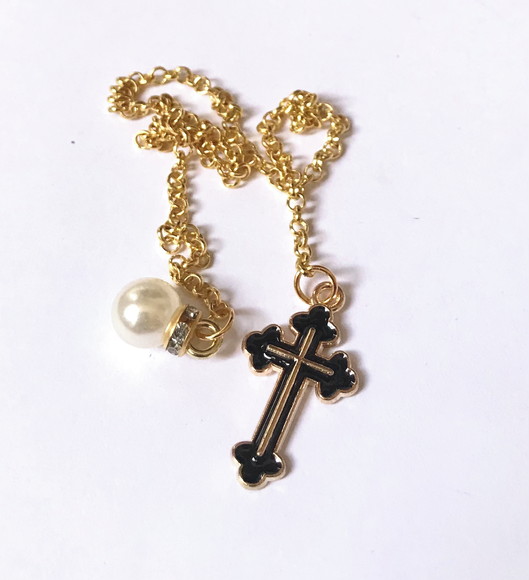 Marcador de Paginas Corrente Crucifixo e Perola com Cristal