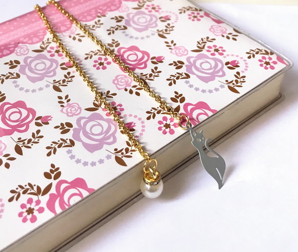 Marcador de Paginas Corrente com Gato e Perola com Cristal