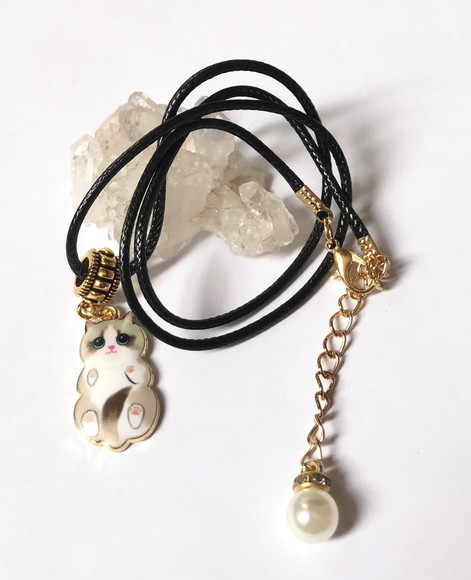 Cordão Colar com Gatinho e Perola com Strass em Dourado