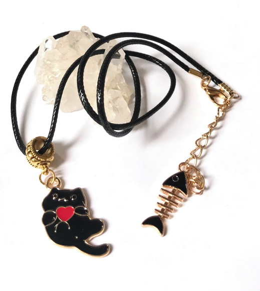 Cordão Colar com Gatinho Preto e Peixe em Dourado