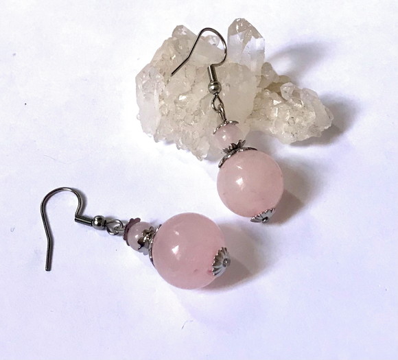 Brinco Gancho com Quartzo Rosa em Aço Inoxidável