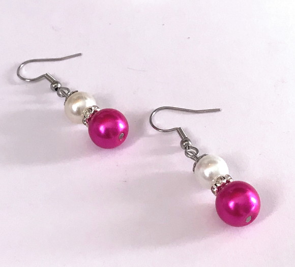 Brinco Pérola Branca e Pink com Cristale Gancho Aço Inox