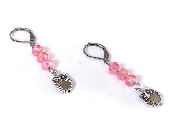 Brinco Gancho Fechado Inox Cristal Rosa Facetado e Coruja