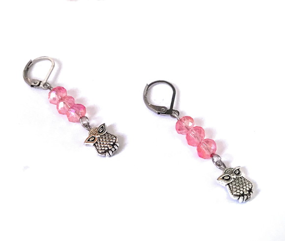 Brinco em Inox Cristal Rosa Facetado e Coruja