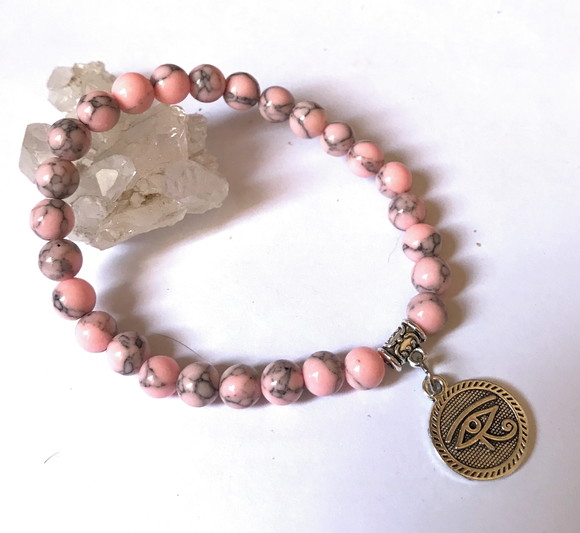 Pulseira Japamala 27 Contas Howlita Rosa e Olho de Horus
