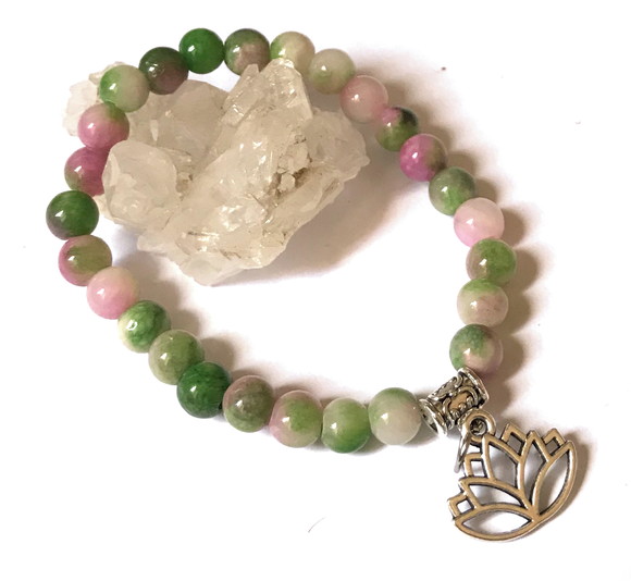 Pulseira Japamala 27 Contas Jade Colorida e Flor de Lotus