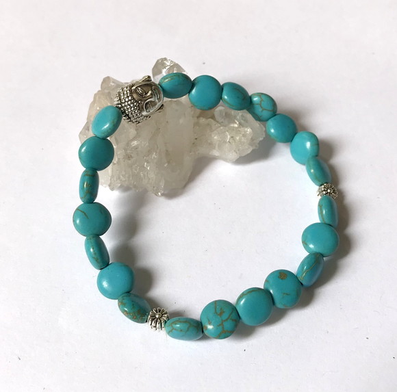 Pulseira Japamala com Turquesa Moeda e Buda Prateado