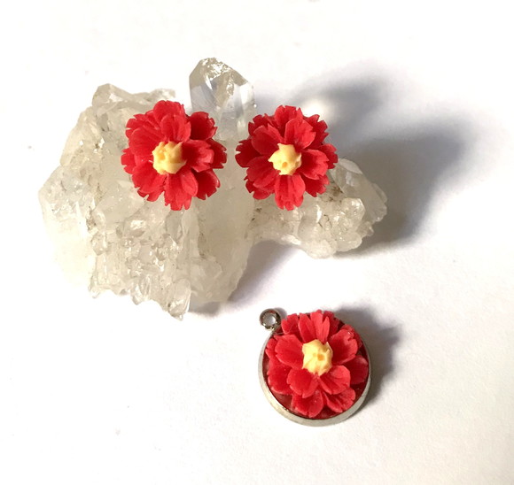 Conjunto Brinco e Pingente Flor Vermelha e Aço Inox