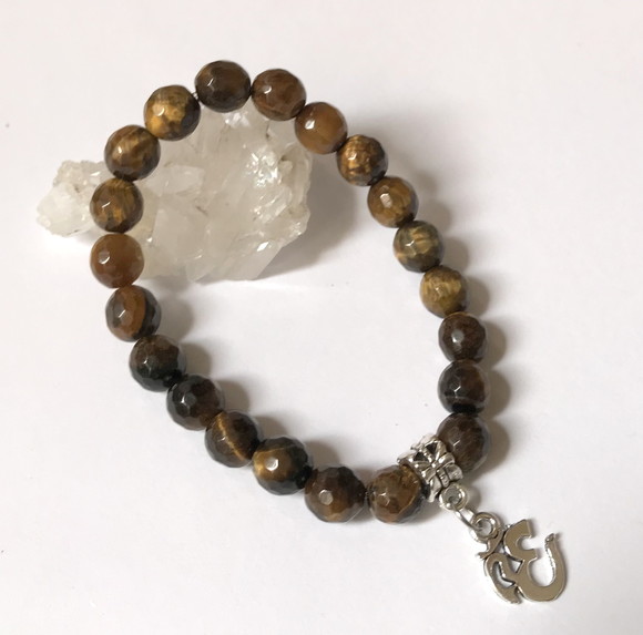 Pulseira Japamala Olho de Tigre Facetada 21 Contas e Om
