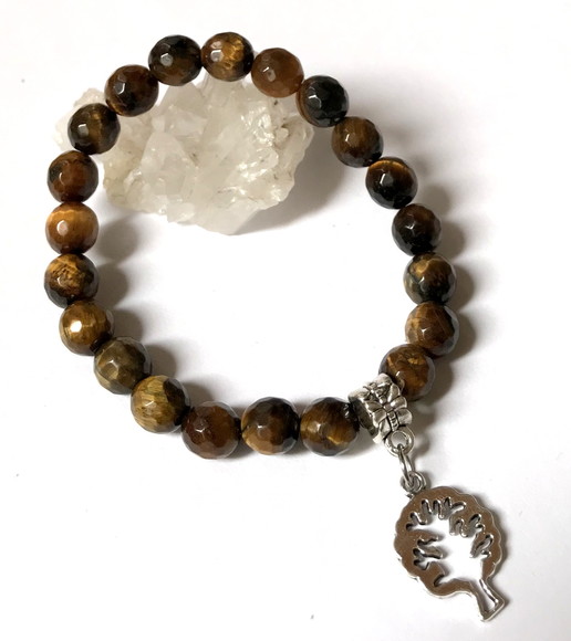 Pulseira Japamala Olho de Tigre Facetada e Arvore da Vida