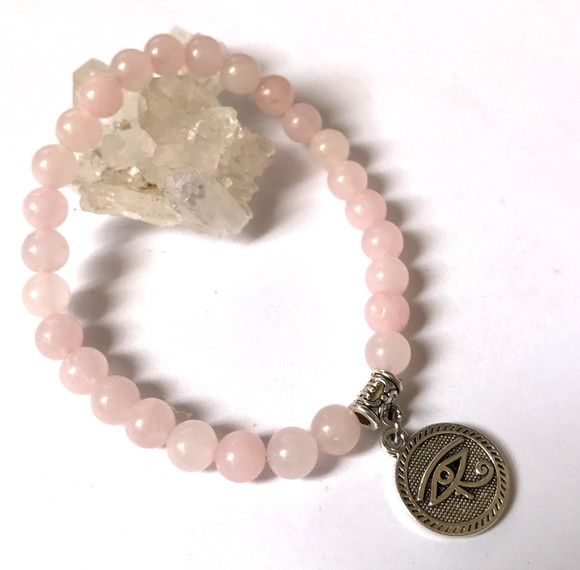 Pulseira Japamala 27 Contas Quartzo Rosa e Olho de Horus