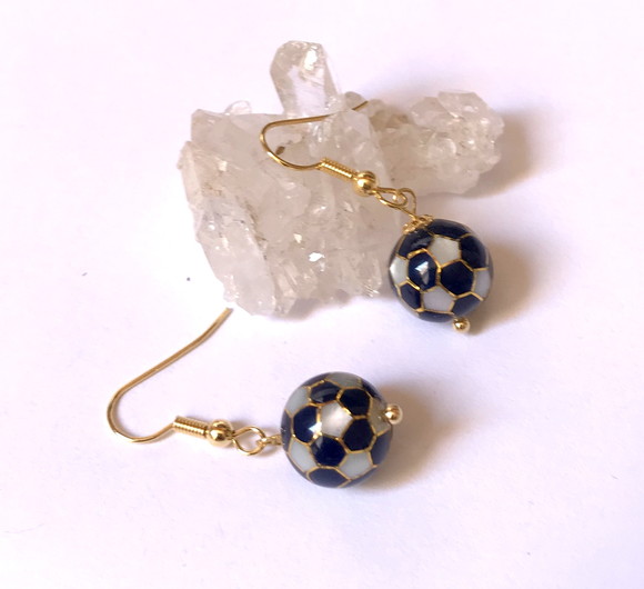 Brinco com Bola de Futebol Azul e Gancho Folheado a Ouro
