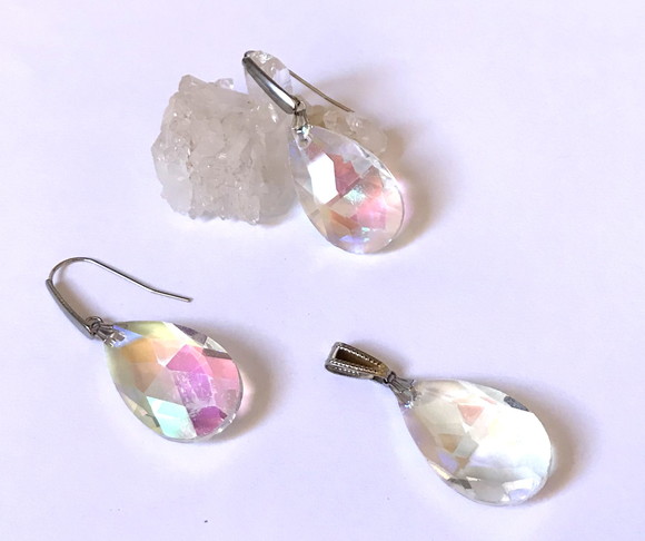 Conjunto Brinco e Pingente Gota de Cristal e Aço Inoxidavel