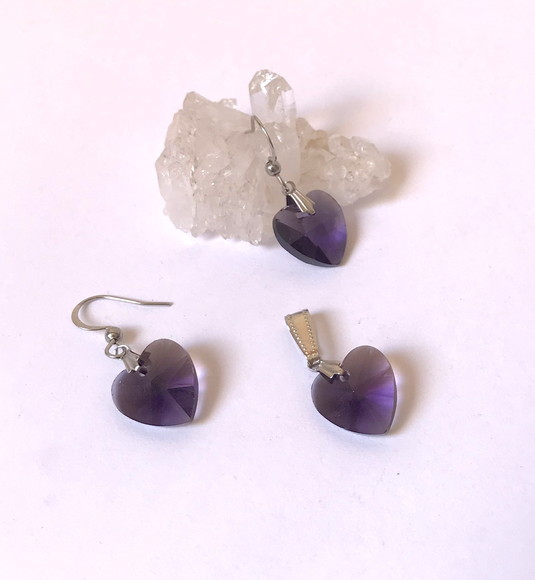 Conjunto Brinco e Pingente Coração Cristal Roxo e Aço Inox
