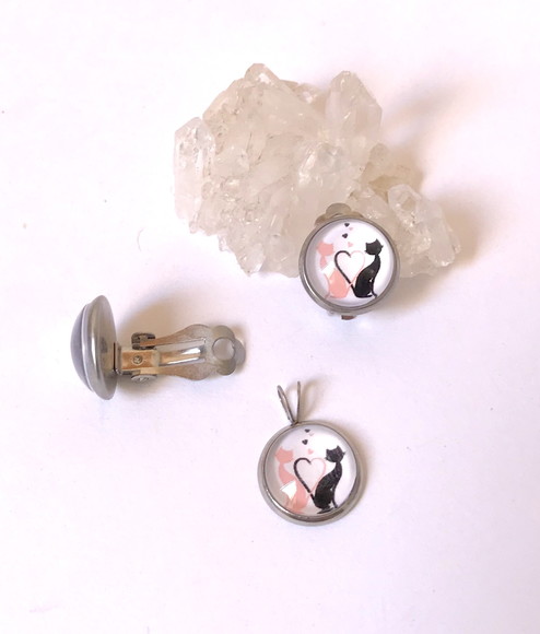 Brincos Pressão e Pingente Casal de Gatos e Aço Inox