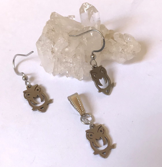 Conjunto Brincos Gancho e Pingente Coruja em Aço Inoxidavel - Imagem 2