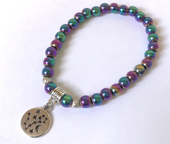 Pulseira Hematita Irisada Pingente Mapa Signos Zodiaco