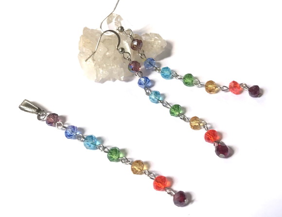 Conjunto Brincos e Pingente 7 Chakras em Aço com Cristais