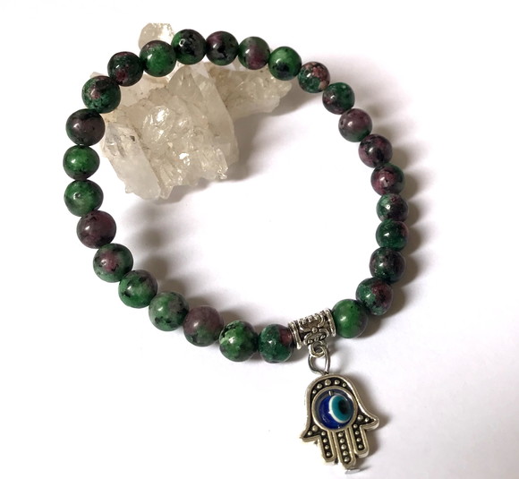 Pulseira Japamala com Rubi Zoizita e Mão de Fátima