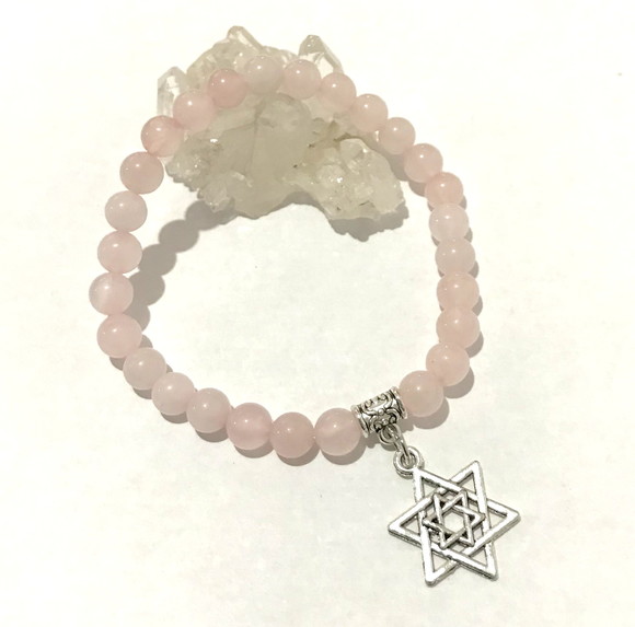 Pulseira Japamala 27 Contas Quartzo Rosa e Estrela de David