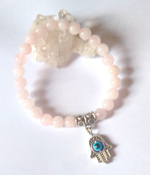 Pulseira Ajustável Quartzo Rosa Mão de Fátima e Olho Grego