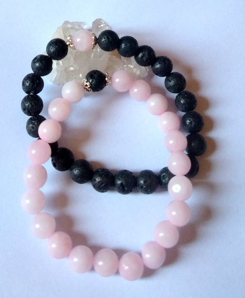 Pulseira Japamala quartzo rosa lava vulcanica kit com 2