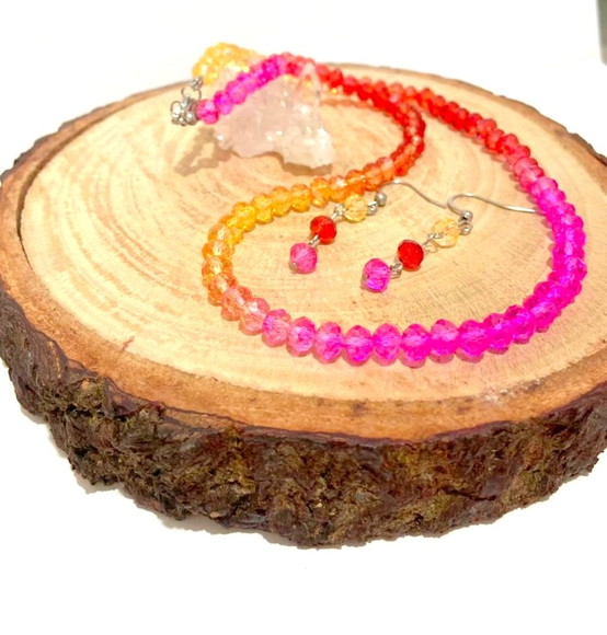 Conjunto Colar e Brincos Cristal Facetado Tie Dye e Aço Inox